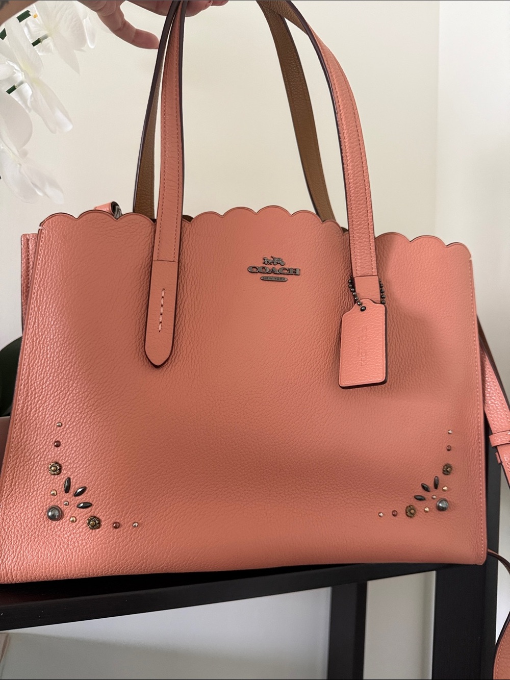 Coach Coral Scalloped Pebble Leather Tote with Stud Accents